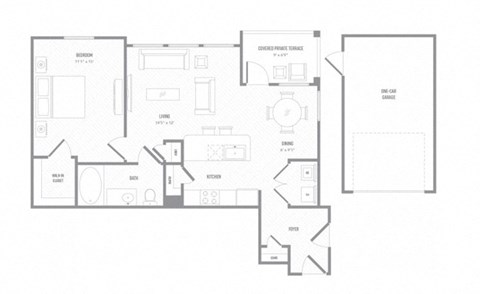 Floor plan for 1 bed, 1 bath, 834 sqft